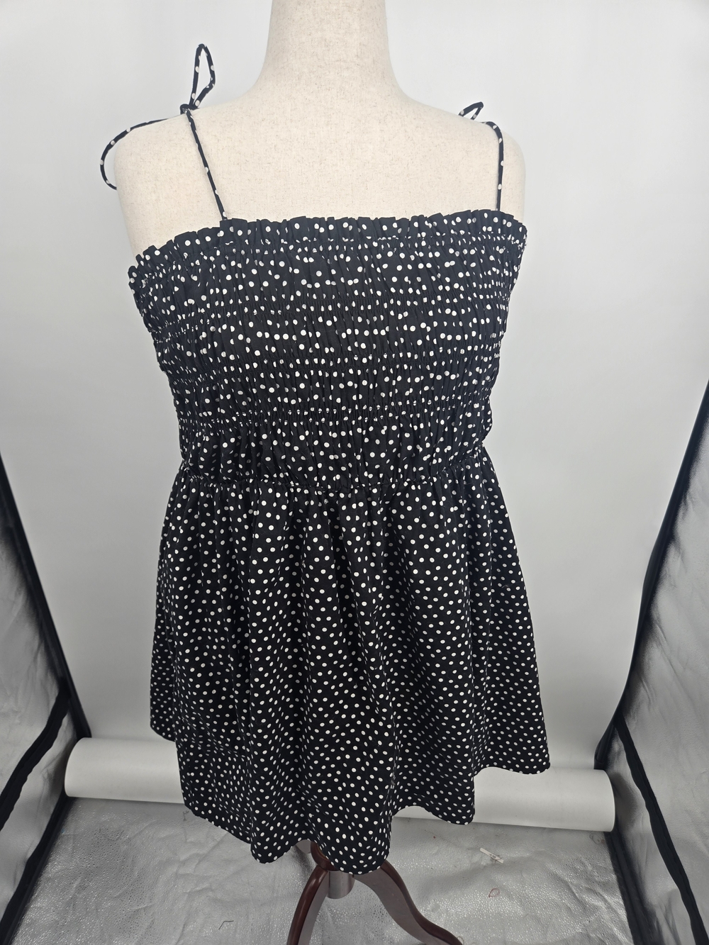 Express Black and White Polka Dot Sundress with Smocked Bodice XL (8666)